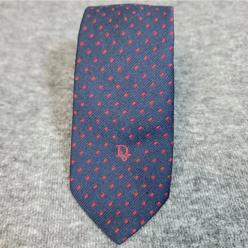 Vtg 70's Christian Dior Neck Tie Navy Blue Red Dotted Silk Blend Tie 54" x 4" - Picture 2 of 8